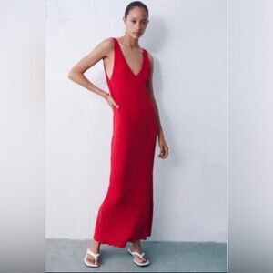 Zara red jacquard maxi ribbed dress NWT size large